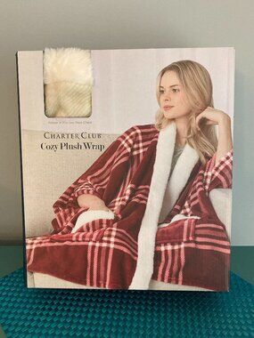 Charter Club Cozy Plush Wrap Sage Check NIB